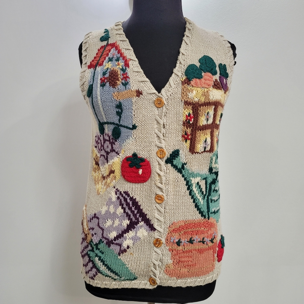 Vintage eagle eye garden heirloom applique knit vest size size medium